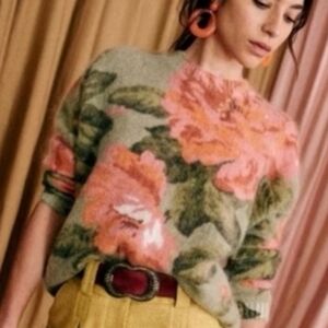Sezane Mohair Floral Sweater Jumper XXS Green Pink